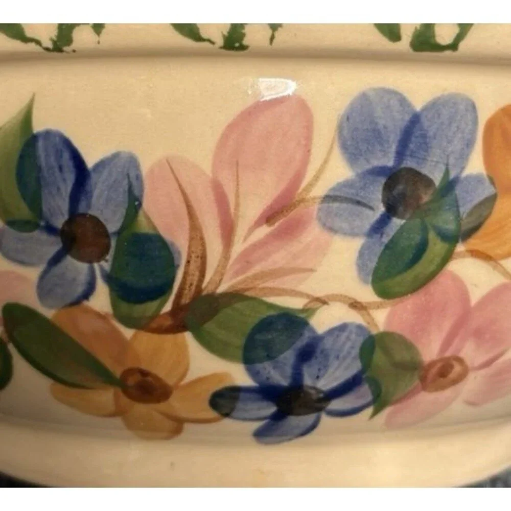 Alpine Pottery Roseville Ohio Large 8 ½” Bowl Green Check Spongeware Floral
